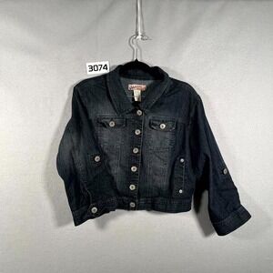 Breaker Jeans Trucker Jacket Womens L Blue Denim Cotton Stretch Roll Tab Sleeve